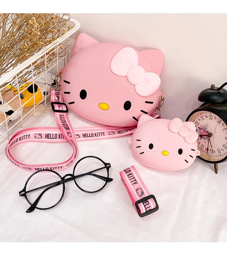 

kids toddler adults small 3d cartoon pink girls sweet hello kitty crossbody hand bag silicone hello kitty coin purse for woman, Pink, white