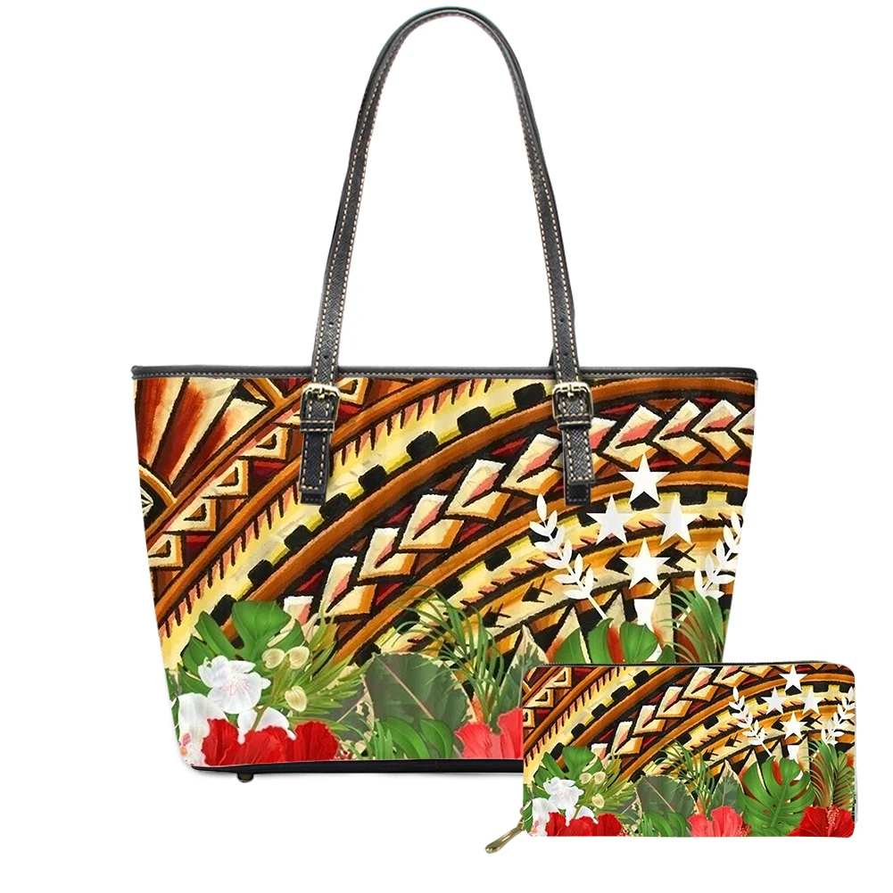 

Women branded hand bag kosrae tribal polynesian printed ladies shoulder handbags women leather handbag with wallet purses POD 1