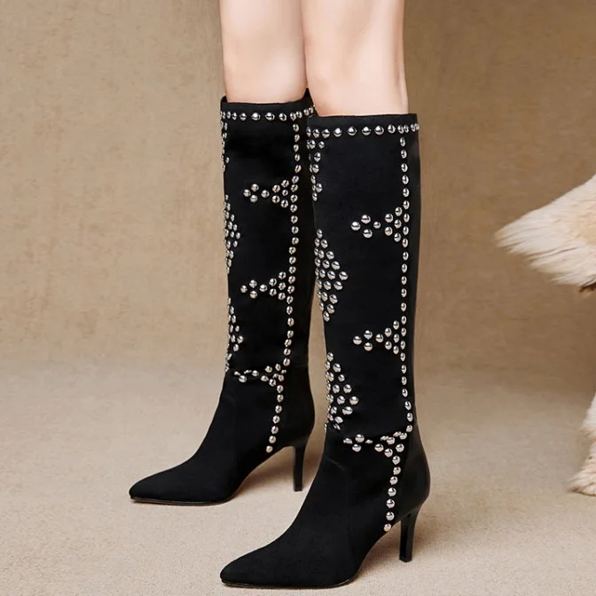 

Special Design Western Style Round Rivets Ornament Thin Heel Pointed Toe Knee High Women Boots Slip-on Suede Long Women Booties, Black