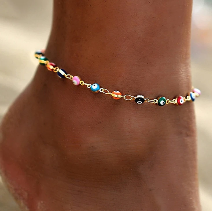 

2021 new style dried flower anklet retro colorful evil eye women anklet jewelry wholesale