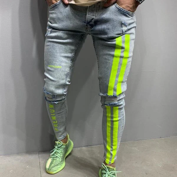 

masculino calsas vibrant estamp striped distressed printed jeans men, Picture color