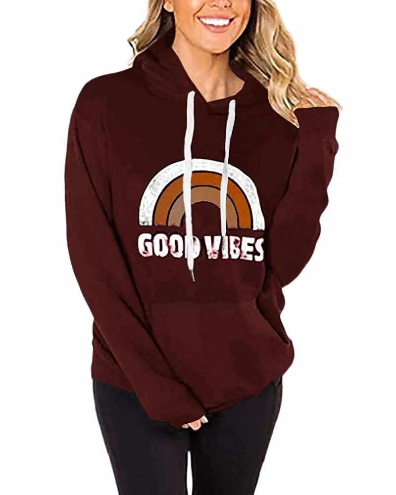 

Women's Sweatshirt Rainbow Pattern GOOD VIBES Print Hooded Long Sleeve Sweatshirt