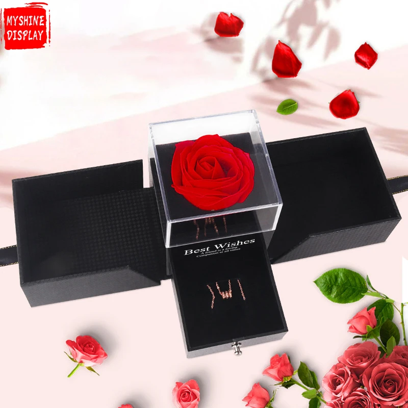 

Acrylic Top Rose Flower Black Jewelry Storage Display Gift Box With Lid For Necklace Set preserved flowers jewelry box