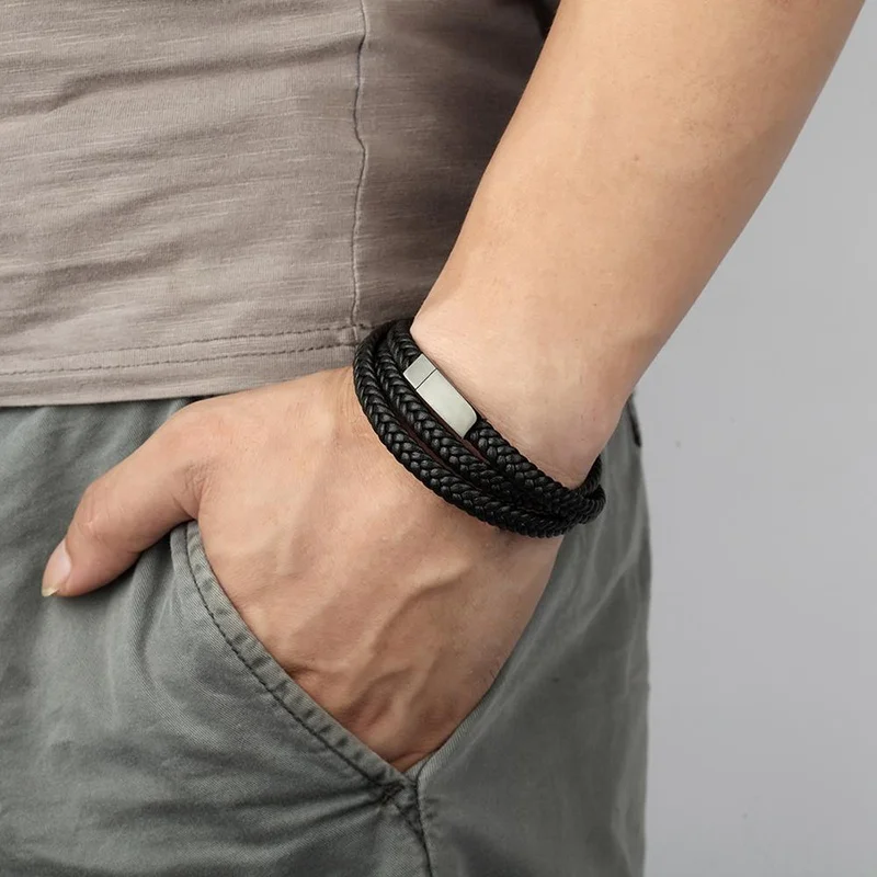 

Fashion Personality Black Leather Bracelet Stainless Steel Buckle Multilayer Weave Rope 41cm 61cm Wristband Retro Man Jewelry