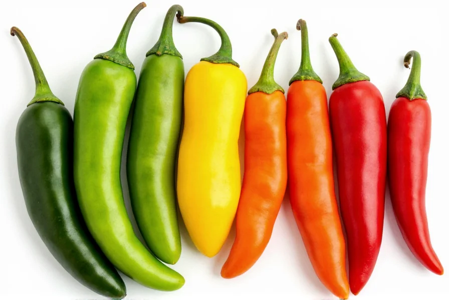 Colorful array of serrano chili peppers in various stages of ripeness from green to red