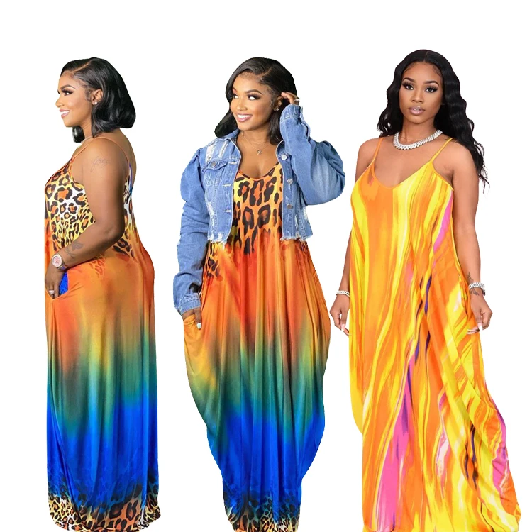 

OSINA Leopard Tie Dye Plus Size Dress 2021 Women Summer Casual Sun Long Dress For Woman