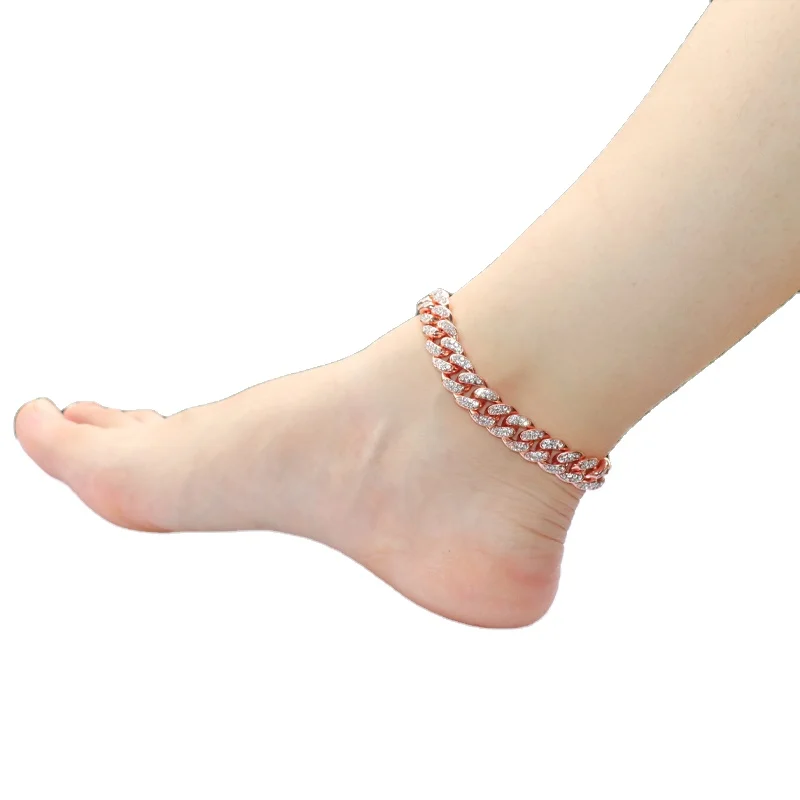 

Cross border sales hip hop 18 k gold plated chain anklets micro cubic zircon inlaid Cuba