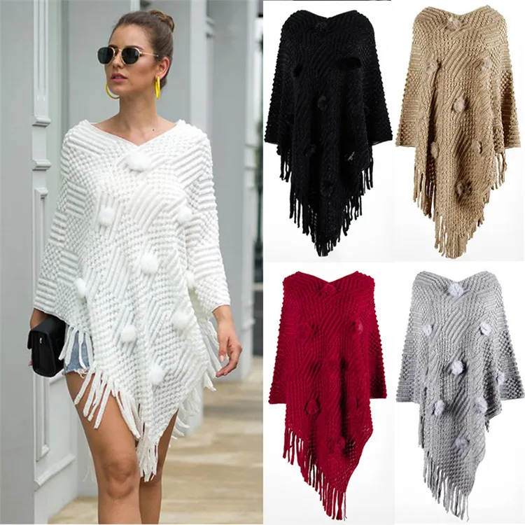 

2021 autumn and winter new women's tassel cloak shawl hair ball pure color sweater, Yellow,pink,red,green,wine red