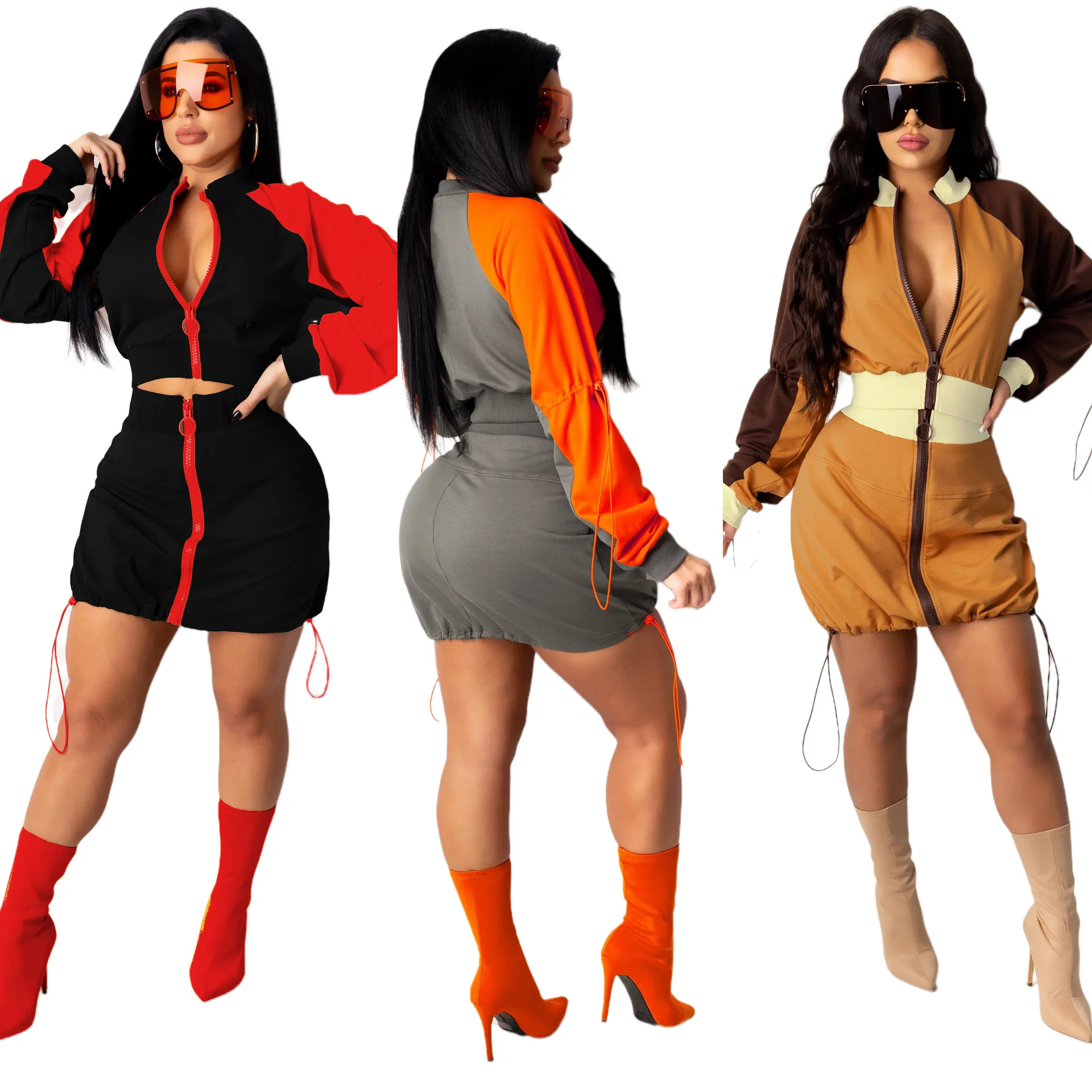 

Sexy 2 Piece Women Outfits Color Patchwork Zipper Crop Jacket Drawstring Mini Skirt Casual Fashion Tracksuits Streetwear