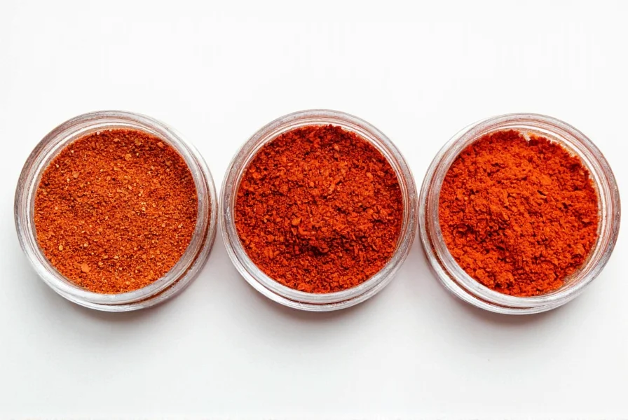 Side-by-side comparison of cayenne pepper, red pepper flakes, and paprika in clear containers showing color and texture differences
