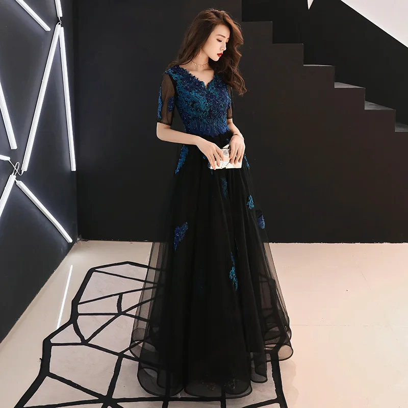 

A Line Lace-up Lace Gown Scoop Dark Blue Beaded 1/2 Sleeve Appliqued 2020 Formal Party Wear Evening Dress, As shown