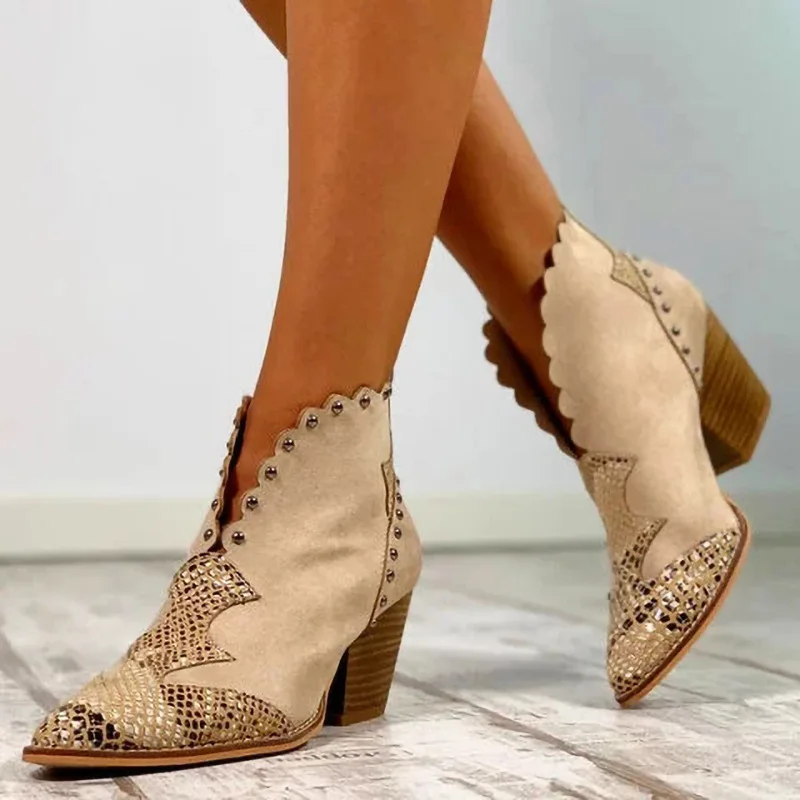 

2021 new trendy thick heel large size pointed toe sequined low-top women's boots