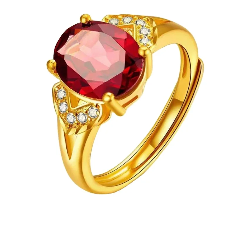 

Sand Gold Women's Plated 24K Yellow Gold Garnet Ring Women's Gold Ruby Wedding Ring Live Ring