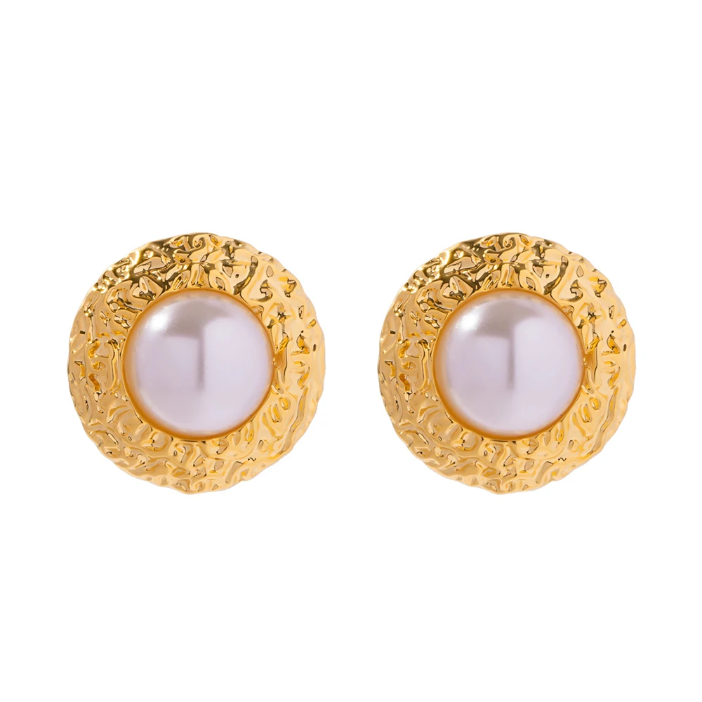 

Waterproof 18K Gold Plated Brass Round Hammer Texture Irregular Pearl Stud Earring for Girls