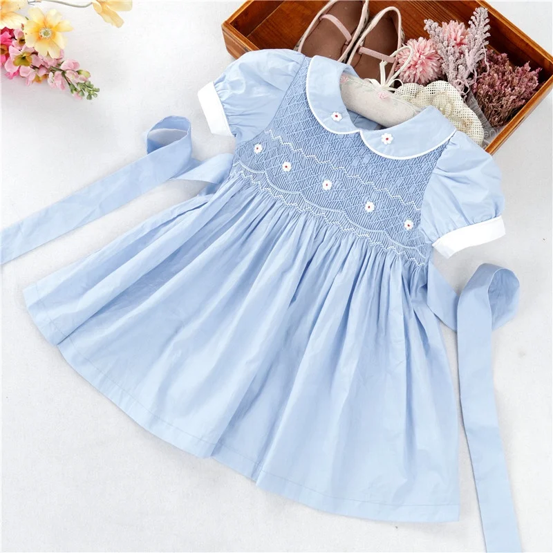 

C042196 summer kids smocked clothing flower baby girls dresses cotton peter pan collar children clothes wholesale