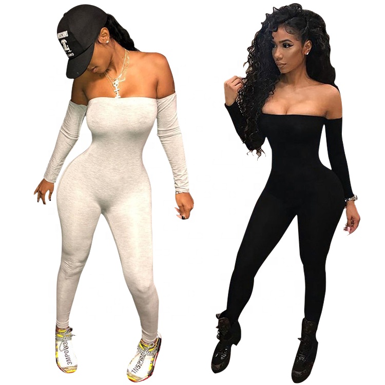 

Solid Color Skinny Off Shoulder Bodycon Rompers Women Long Sleeve One Piece Jumpsuit, Black,light gray,gray