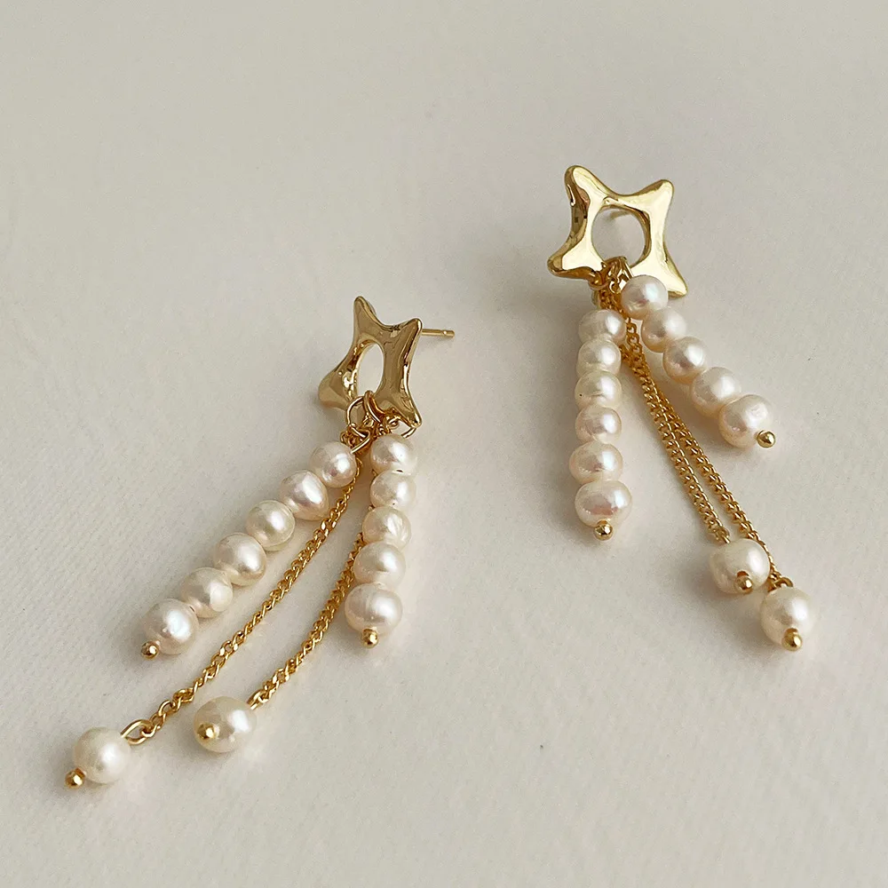 

Vershal A010 Trendy 18k Gold Plated Star Freshwater Pearl Beads Tassel Drop Earrings For Women