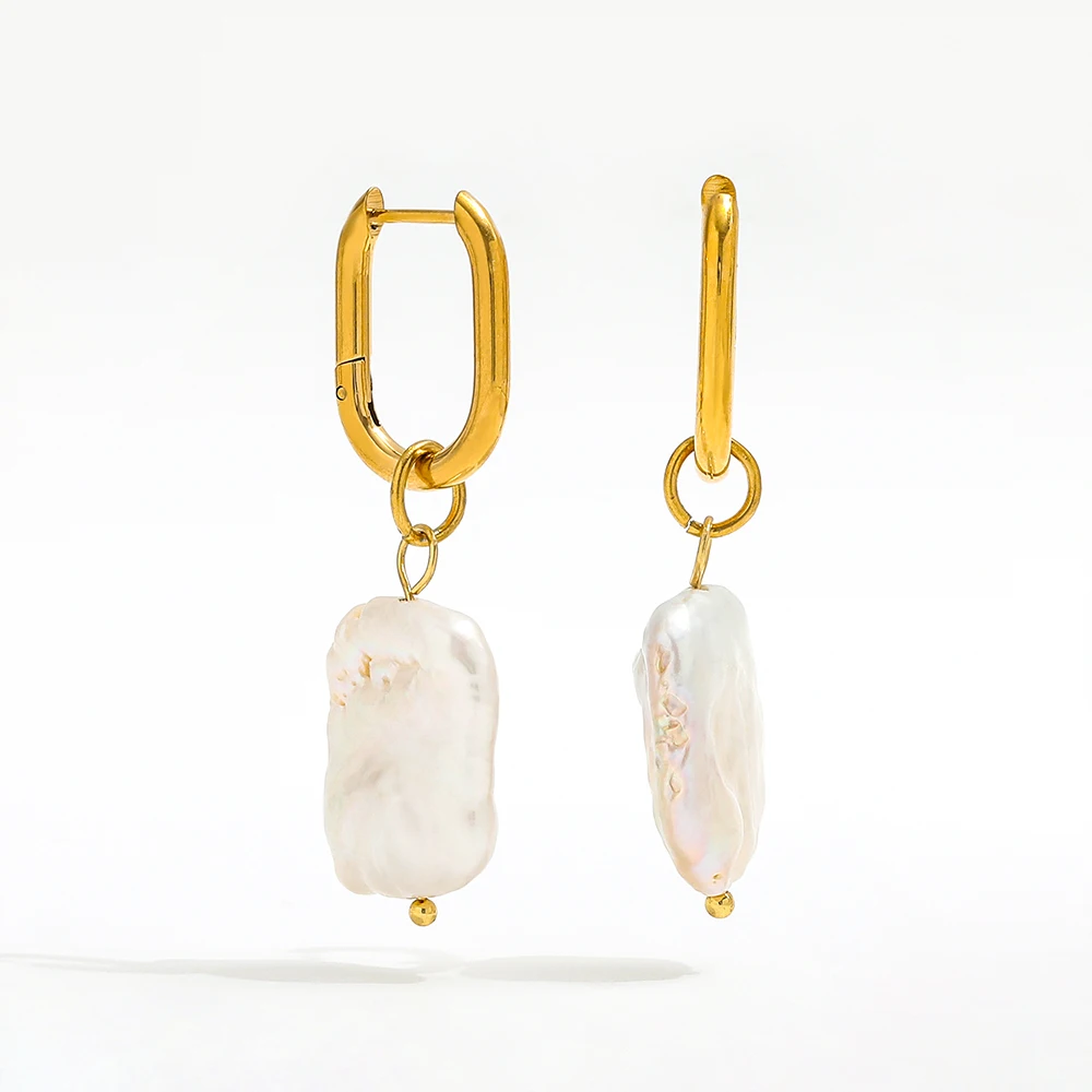 High End PVD 18K Gold Plated Waterproof Irregular Freshwater Pearl Pendant U Huggie Earring Stainless Steel Jewelry Wholesale