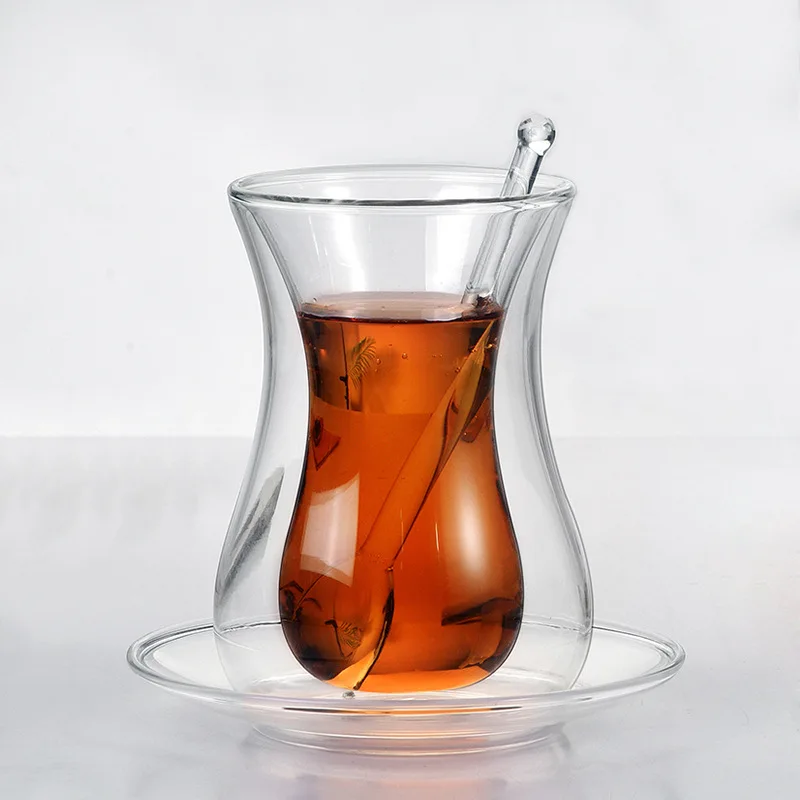

Hand made Double wall glass tea cup with spoon and saucer black tea cup, Transparent