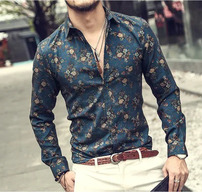 

Fashion Shirts Men Long Sleeve Floral Print Shirt Autumn Shirts Men Casual Camisa, As picture show