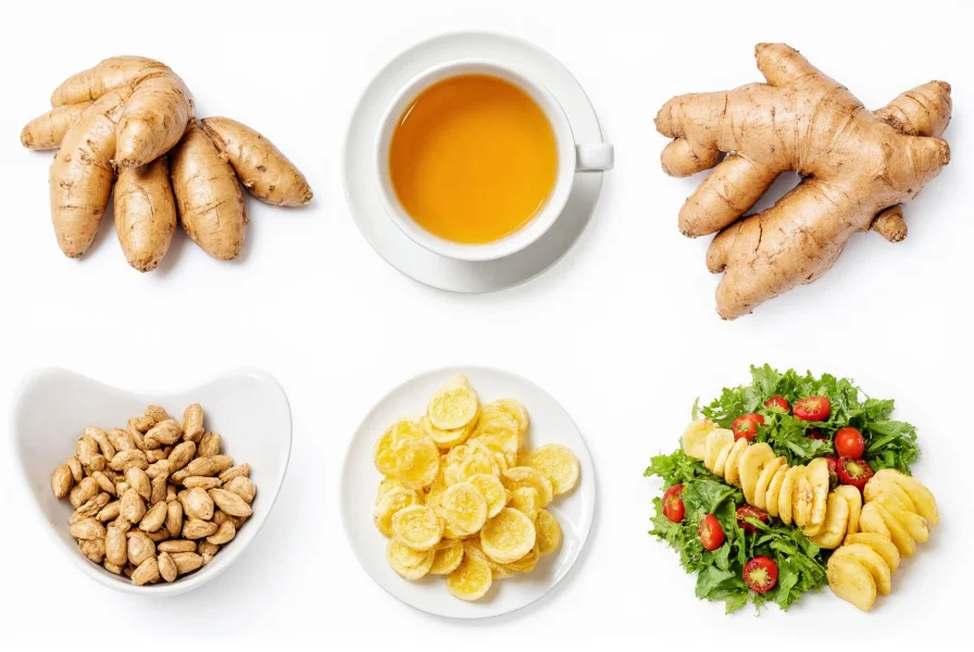 Variety of ginger preparations including fresh root, tea, and powder displayed with healthy food pairings