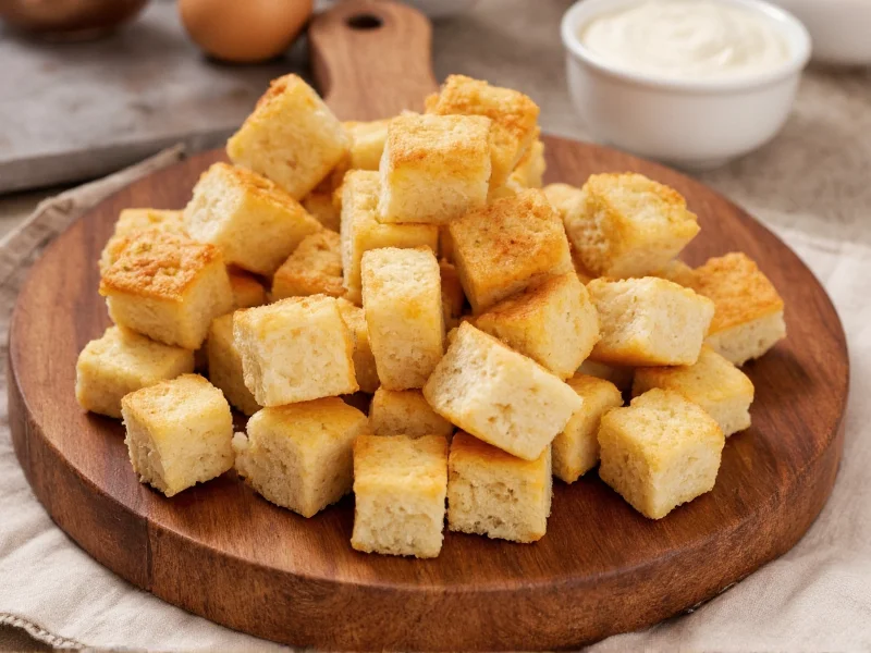 Homemade croutons on rustic wooden cutting board