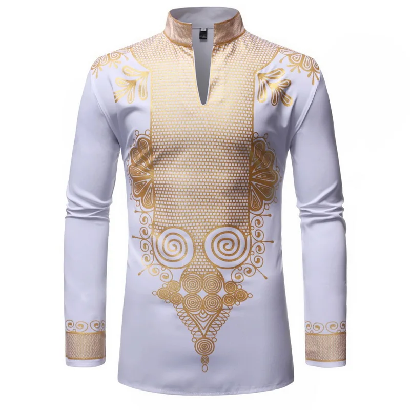 

New hot men's African hot stamping print collar long-sleeved shirt, White,black,red,dark blue,royal blue