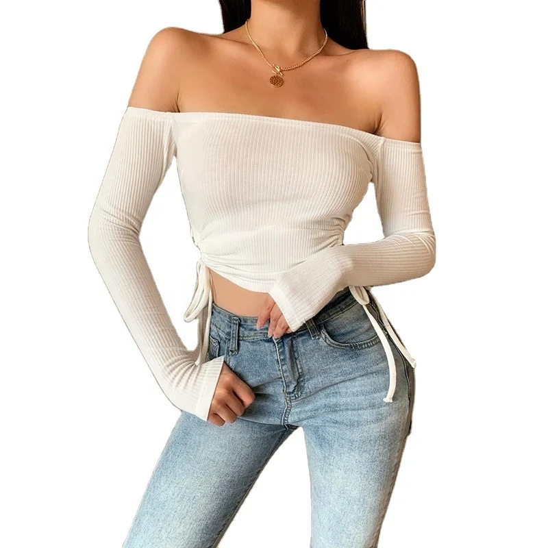 

China Manufacture Hollow Out Fitted Long Sleeve Off Shoulder Crop Tank Top, White/black