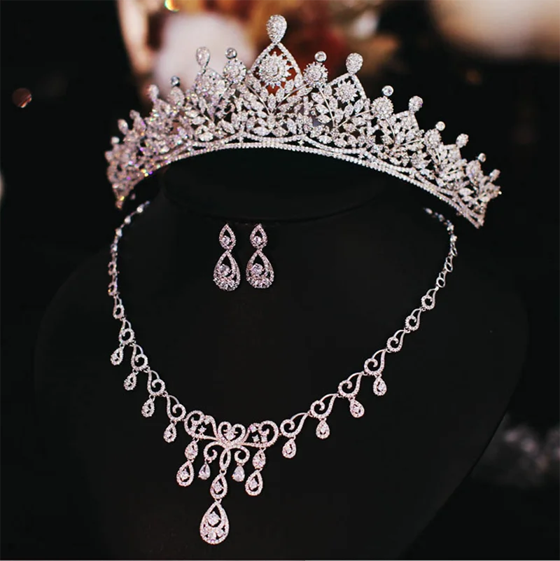 

Gold Necklace Earring Crown Set 3a Zircon luxury Jewelry Women Bridal Wedding Sets