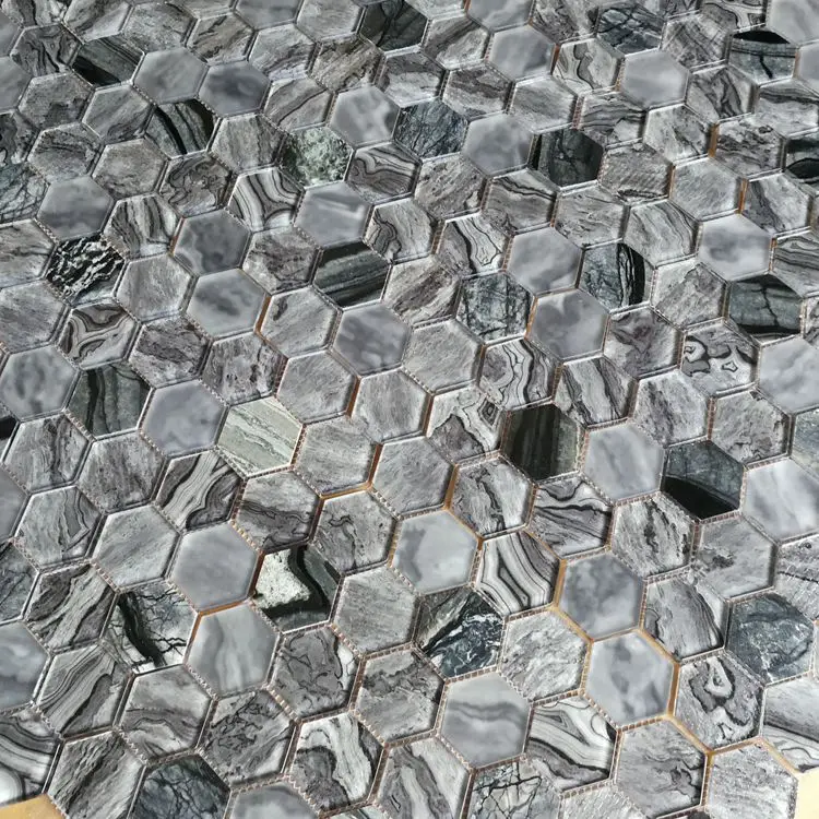 Top Selling Hexagonal Design glass mosaic , laminated and stone mosaic for Wall and kitchen