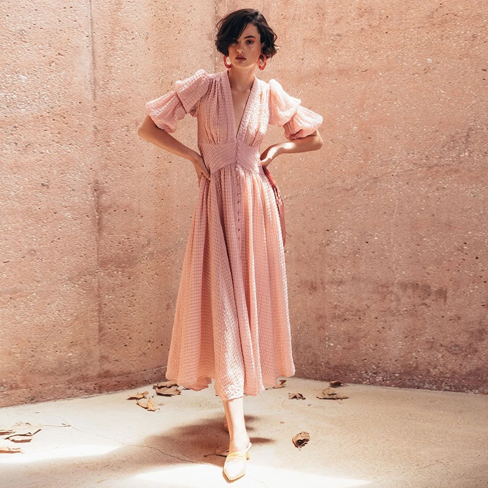 

2020 fall new arrival women clothing long sleeve V-neck dress elegant ladies puff sleeve women casual dresses, Solid