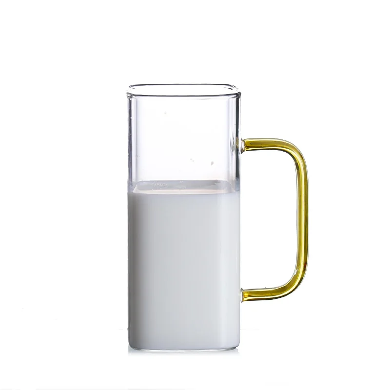 

High borosilicate glass single-layer tea mug with colored handle square milk coffee glass, Highly transparent