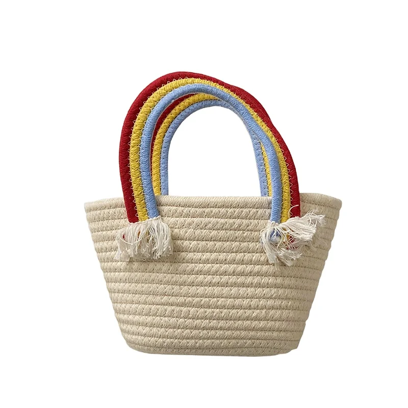 

New handmade cotton woven bag seaside holiday beach bag versatile straw woven bag lovely rainbow cloud handbag, Black