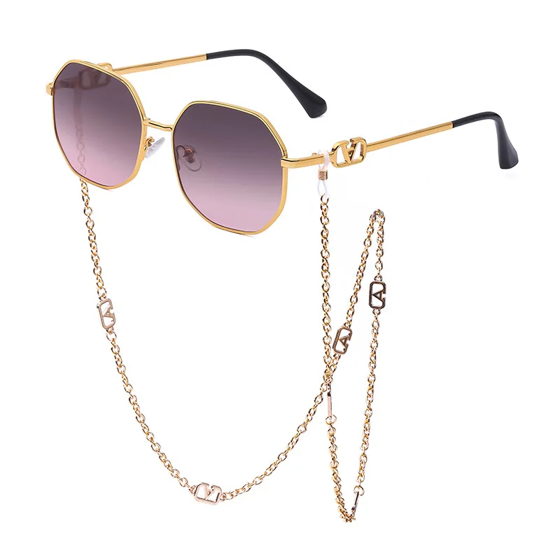 

2021 Fashion Vintage Chain Lanyards Eyewears Round Metal Unisex Gold Sunglasses Fashion Sun Glasses For Women, Custom colors