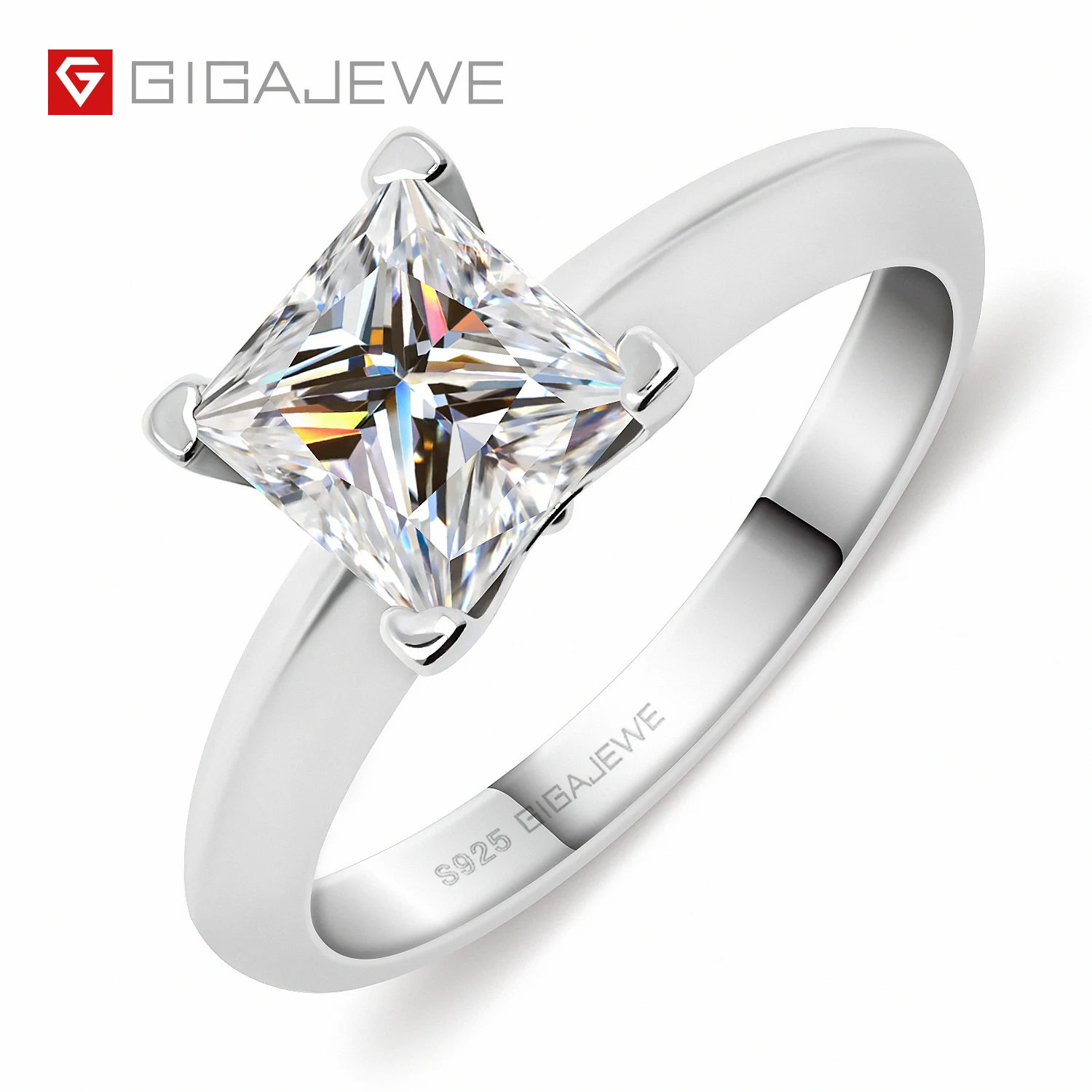 

GIGAJEWE 1.2ct 6.0mm EF Princess 18K White Gold Plated 925 Silver Moissanite Ring Diamond Test Passed Jewelry Woman Girl Gift, White f color