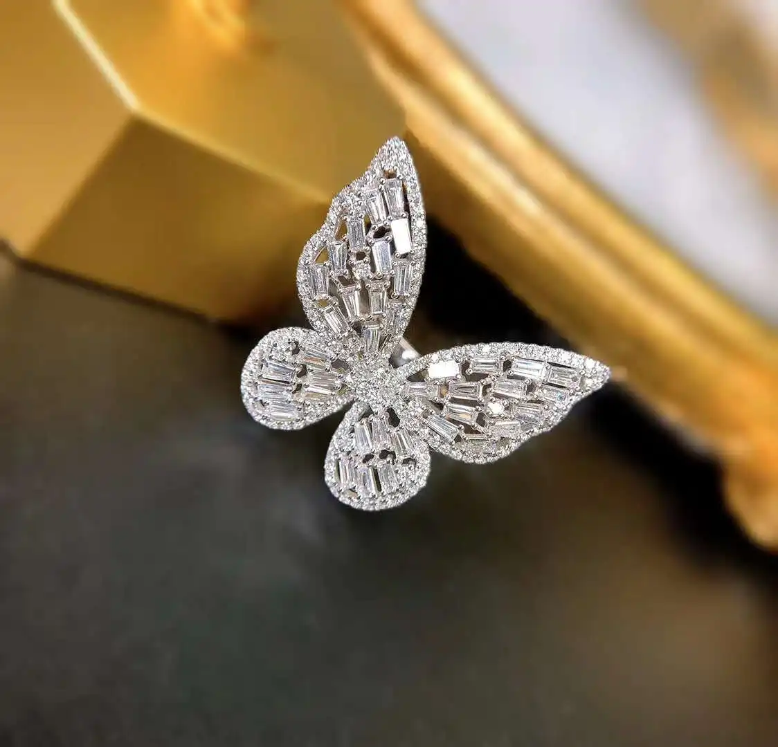 

High Quality Ladies Statement Ring Delicate Big Butterfly Shaped Iced out Diamond 18K Gold Fashion Ring, White