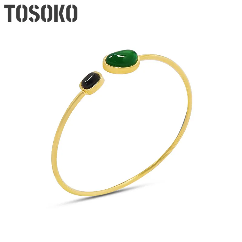 

Stainless Steel Jewelry Green Black Agate Inlaid Oval Bracelet Women's Retro Bracelet BSZ005