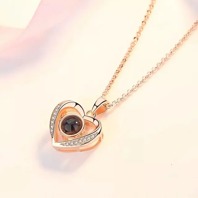 

Gold Plated Brass 100 languages I love you Projection Pendant Heart Shape Pendants Chains Necklace
