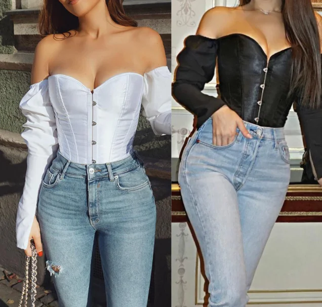 

Women Off-Shoulder Long Sleeve front lace up Casual vintage white Corset Tops, White,brown