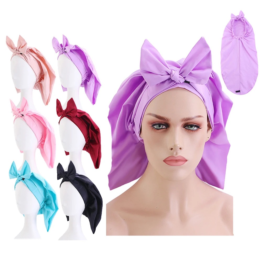 

fashion plain foldable waterproof extra long ladies shower caps bath cap tie hair reusable bonnet with bow knot band for women, 6 colors