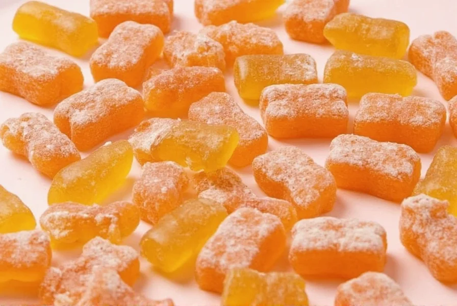 Close-up photograph of ginger bears candy showing their amber color and glossy texture on white background