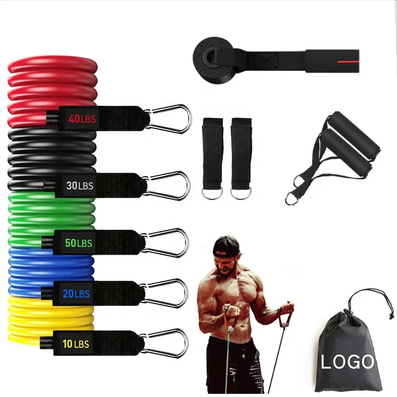 

The new Custom logo Fitness Yoga Home Gym Equipment Workout Stackable Up to 150lb 11pcs Exercise Resistance Tubes Bands Set with