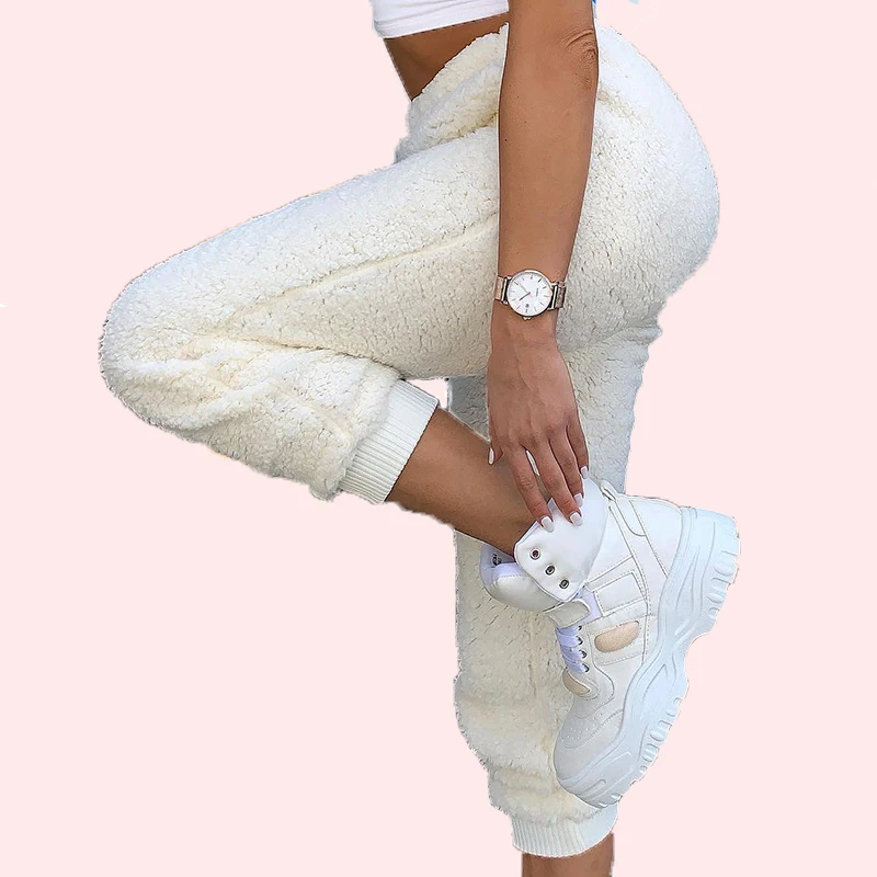 

New Fashion Women Solid Fluffy Jogger Sherpa Trousers Fleece Sports Leggings Ankle-Length Casual Pants