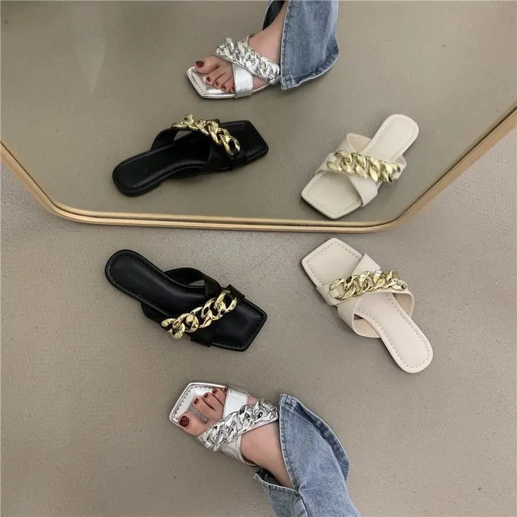 

Dropshipping Street Party 2021 Hot Selling Shoes Women Cross Strap Chain Open Toe Square Head One Cloud Ladies' Fashion Slippers