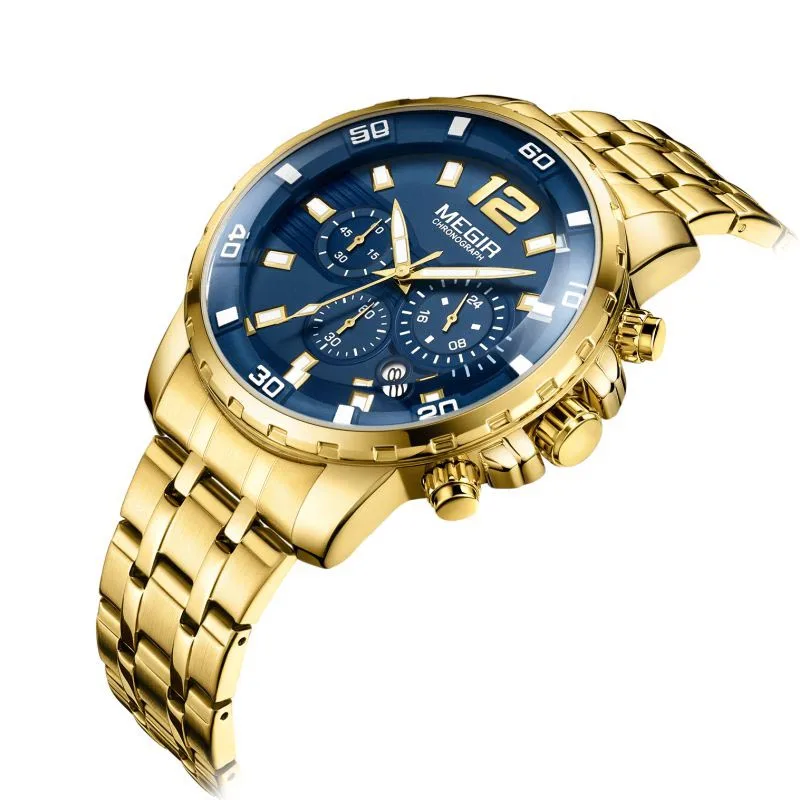 

MEGIR 2068G chronograph watches men wrist custom logo private label watch relogios luxury brand mens quartz movement gold watch