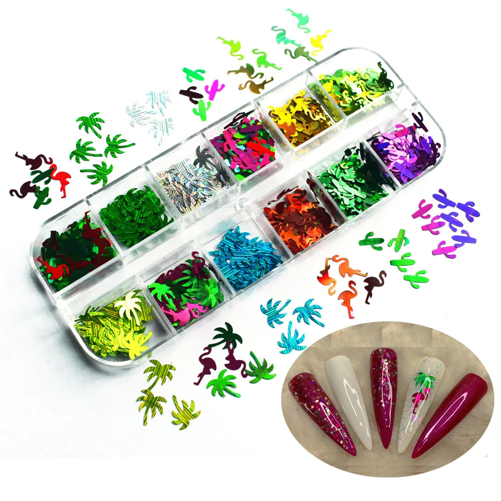 

Flamingo Palm Tree Nail Glitter Cactus Style 3D Holographics Flake Party Supplier Nail designs Art Decoration, Colorful as picture show