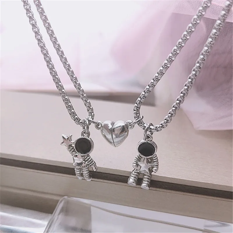 

Valentines Day Love Heart Astronaut Friendship Jewelry Stainless Steel Chain Lover Gift Magnetic Couple Necklace Star Spaceman Pendant Necklace, Silver