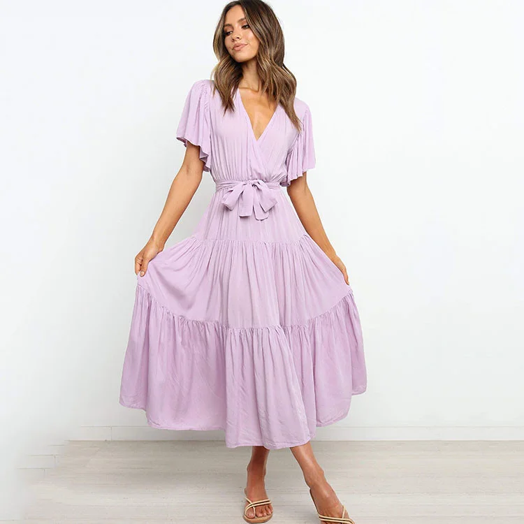 

Wholesale Summer Dress Pure Color Ruffled Sleeve Midi Dress V-neck High Waist Women Casual Dress