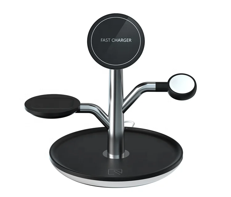 

New Design Custom Logo 15W Wireless Charger 3 in 1 Magnetic Fast Charging Stand for Mobile Phone Smart Watch Earphone, Black