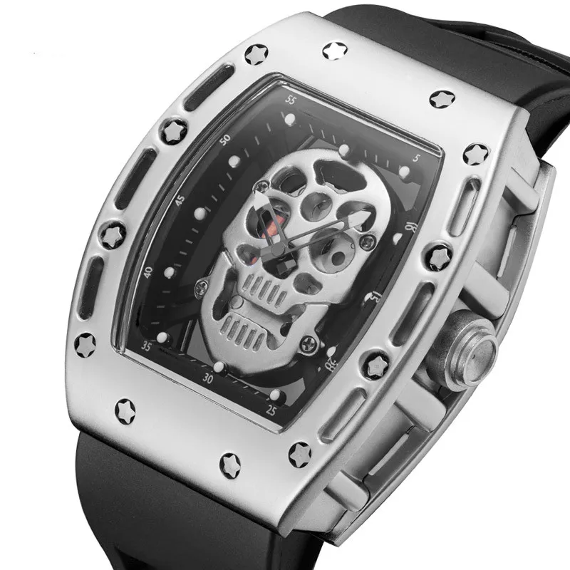 

Skeleton Skull Analogue Sports Wristwatch Men Silicone Strap Square Watches Quartz Watch Men Wrist Rose Gold Case Relojes